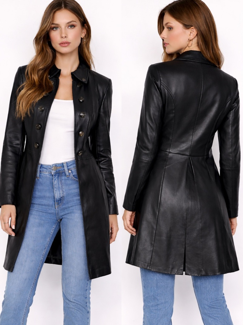 Madison & Max 100% Leather Black Coat Jacket Midi Length Button Front M Car Coat